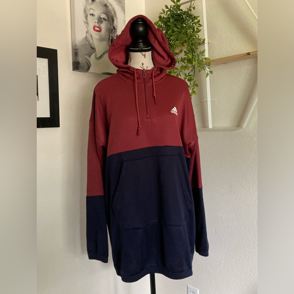adidas Crimson and Navy 1/4 Zip Big Logo Hoodie Pullover Long Sleeve Sweater L